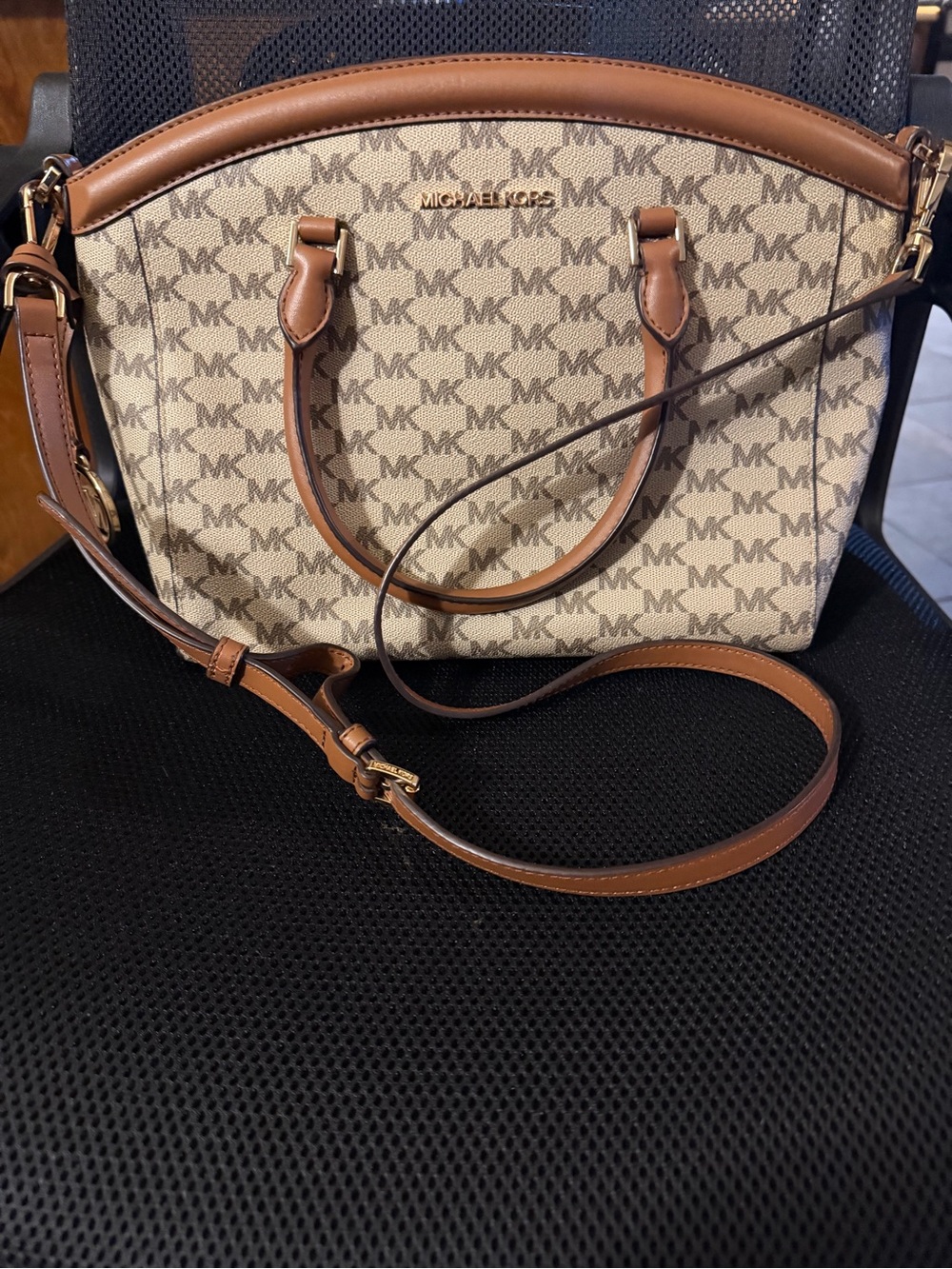 Michael Kors Cream Logo Satchel with Brown Trim